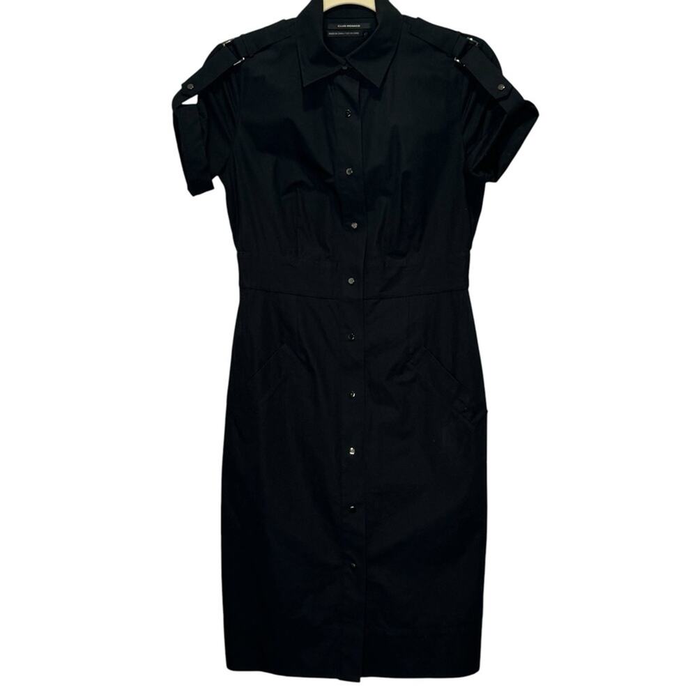 NWT Club Monaco Roxanne Shirt Dress Snap Minimalist Contemporary Midi Dress Blk‎